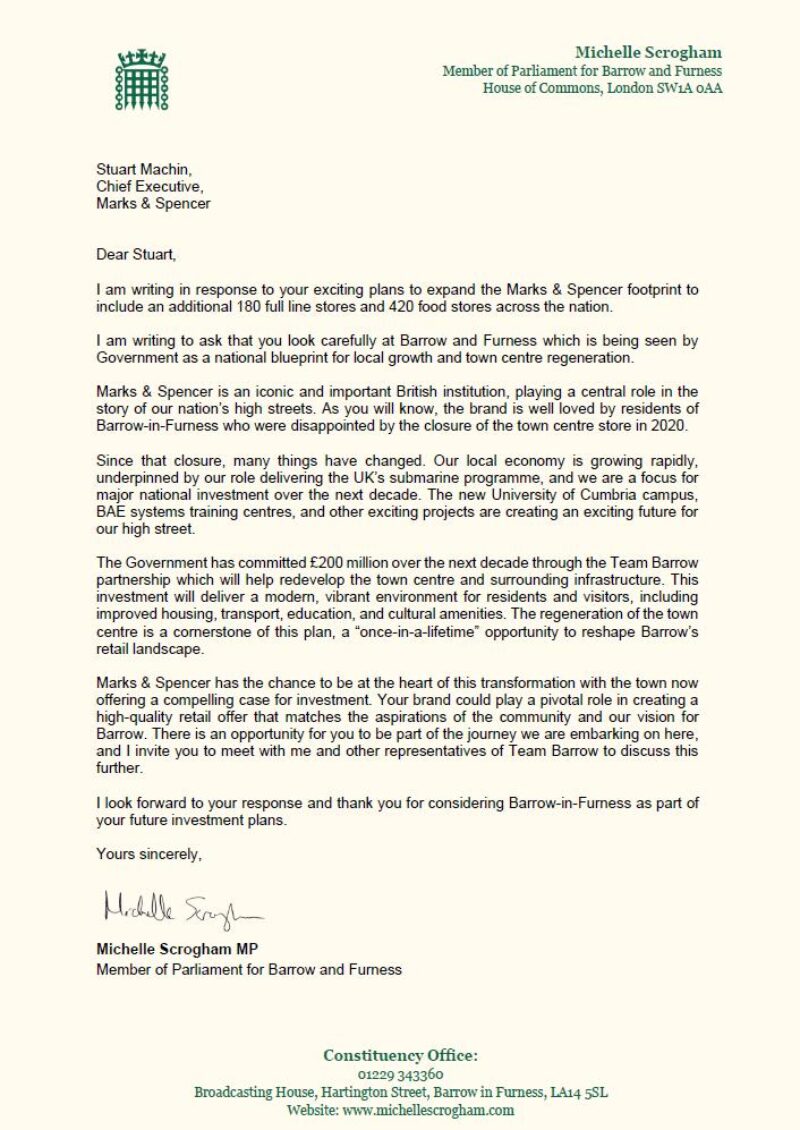 Letter to Chief Executive of M&S 