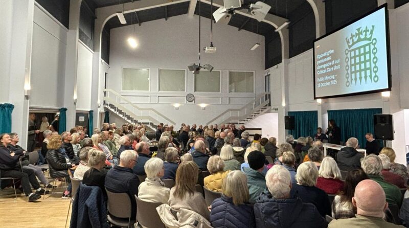 Michelle holding a public meeting in October 2025 to oppose the downgrade of level 3 ICU at FGH