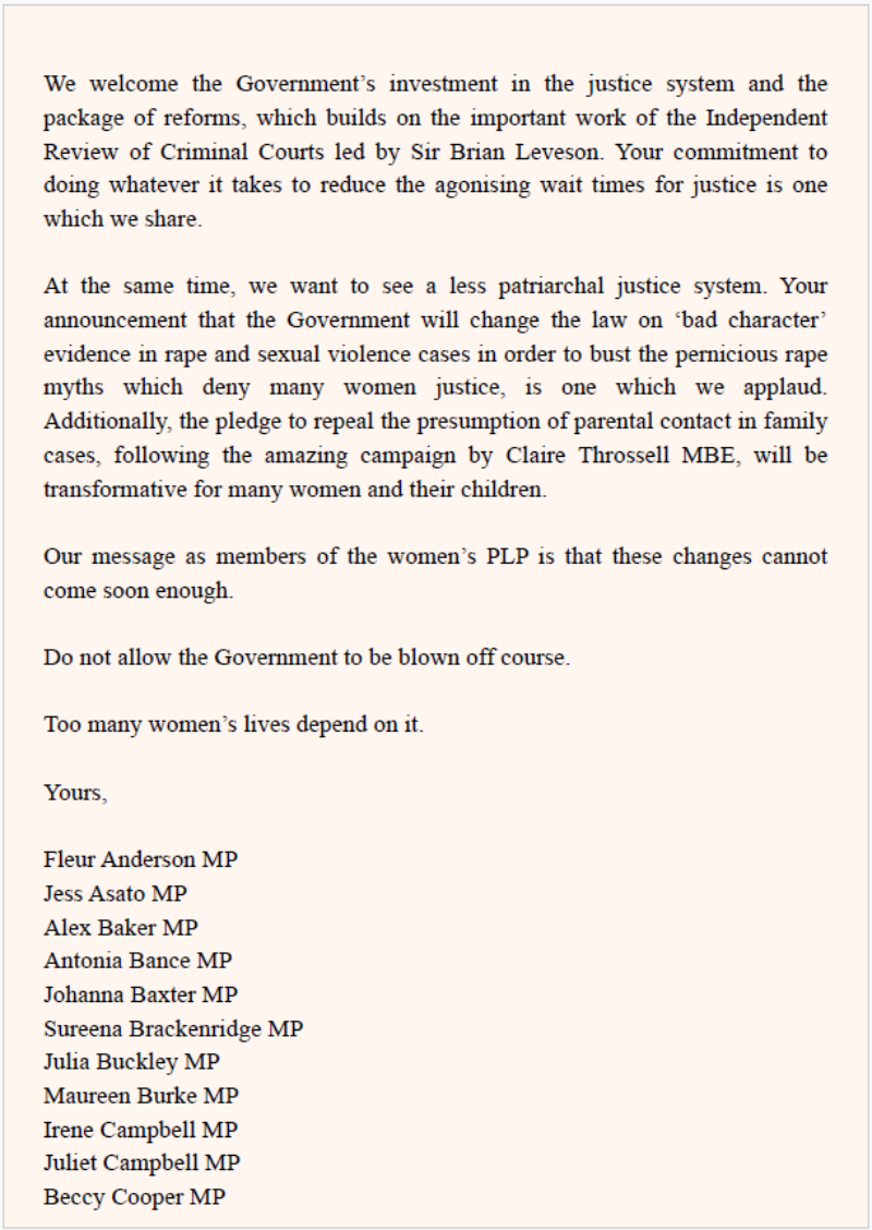 Letter to Justice Secretary