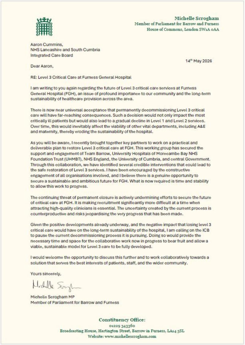 Letter to Lancashire and South Cumbria ICB