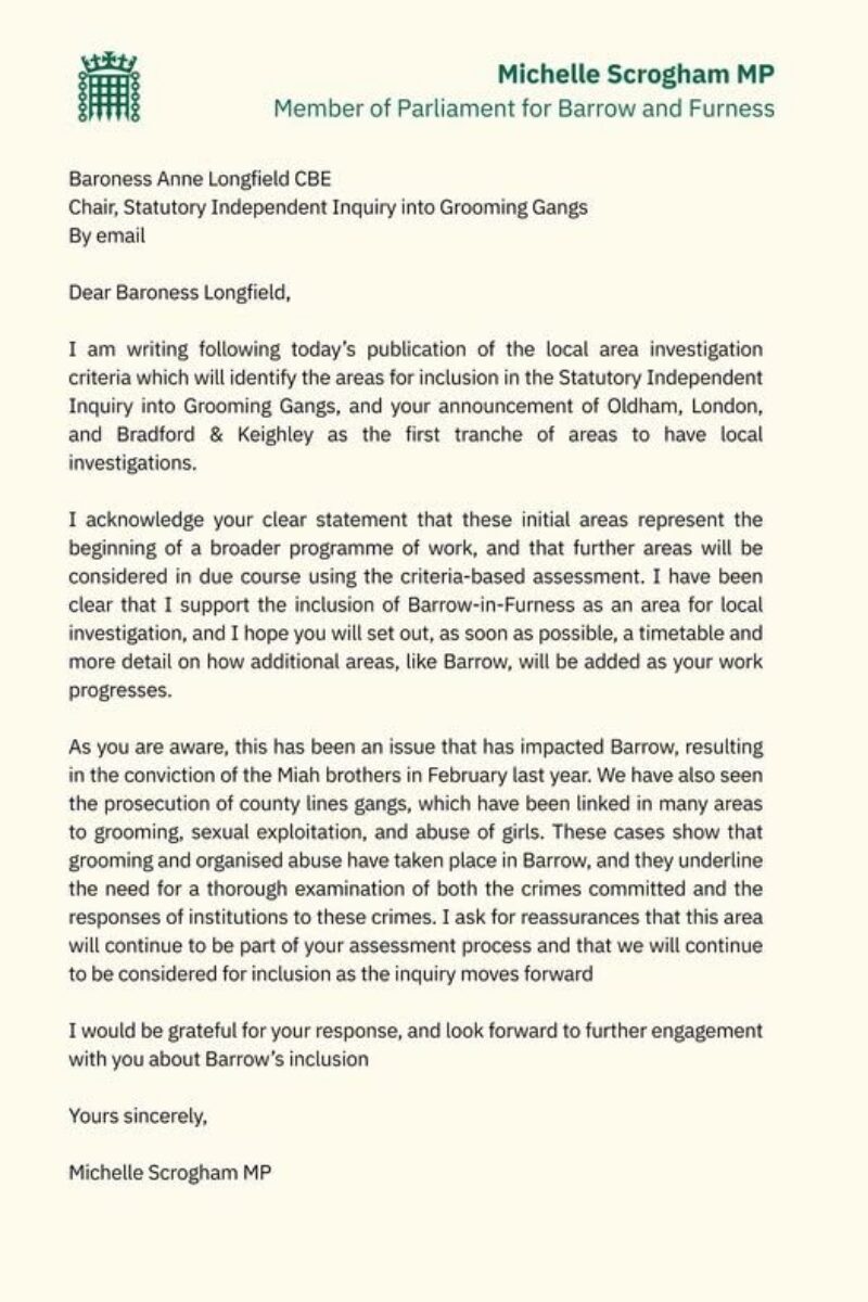 Letter to inquiry requesting that Barrow be included in investigation
